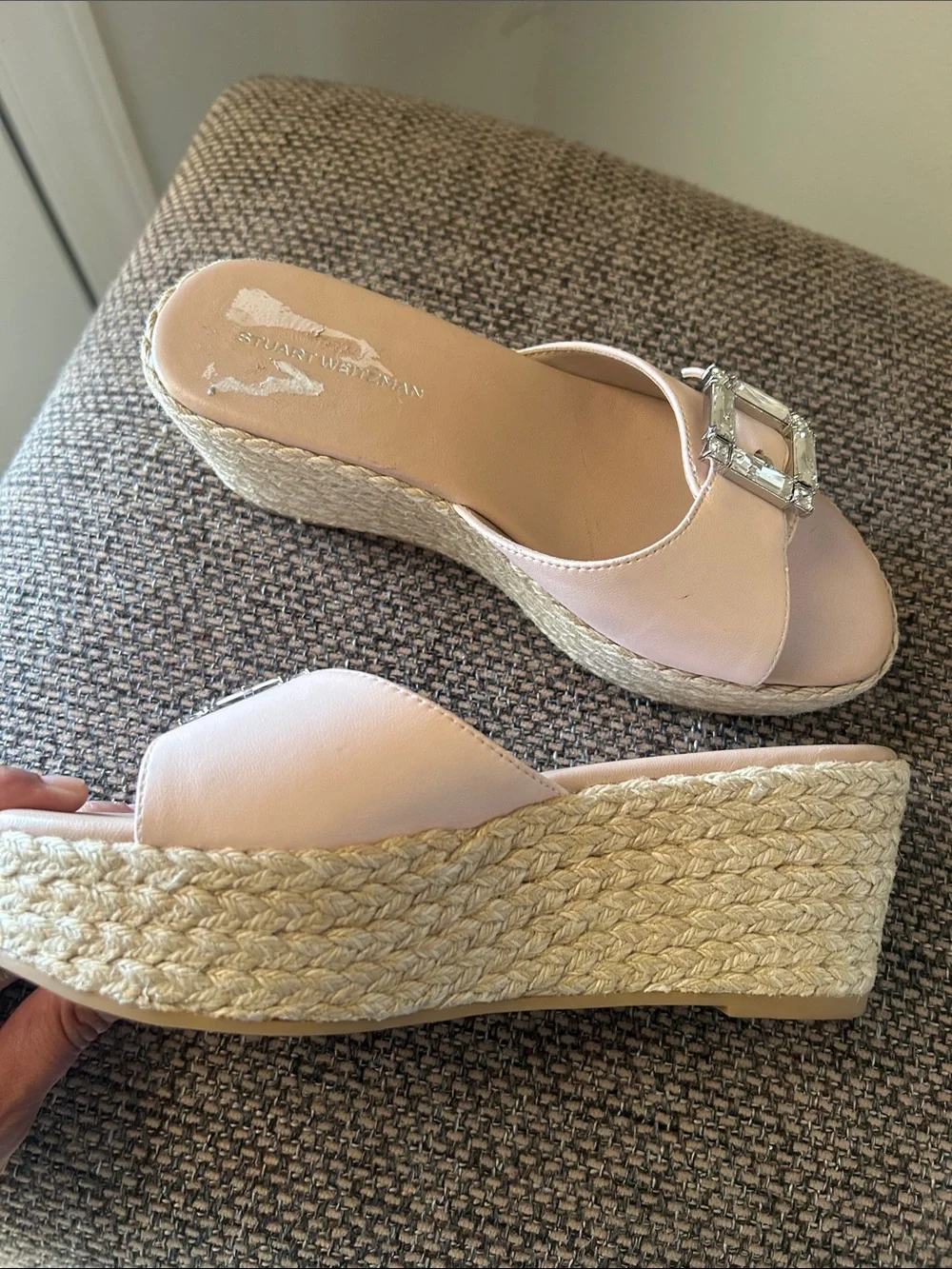 Stuart Weitzman June Crystal Buckle Espadrille Wedge Sandals Blush Pink Resort - Picture 12 of 16